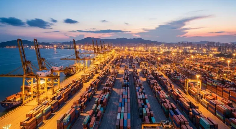 Container terminal with cranes at dusk